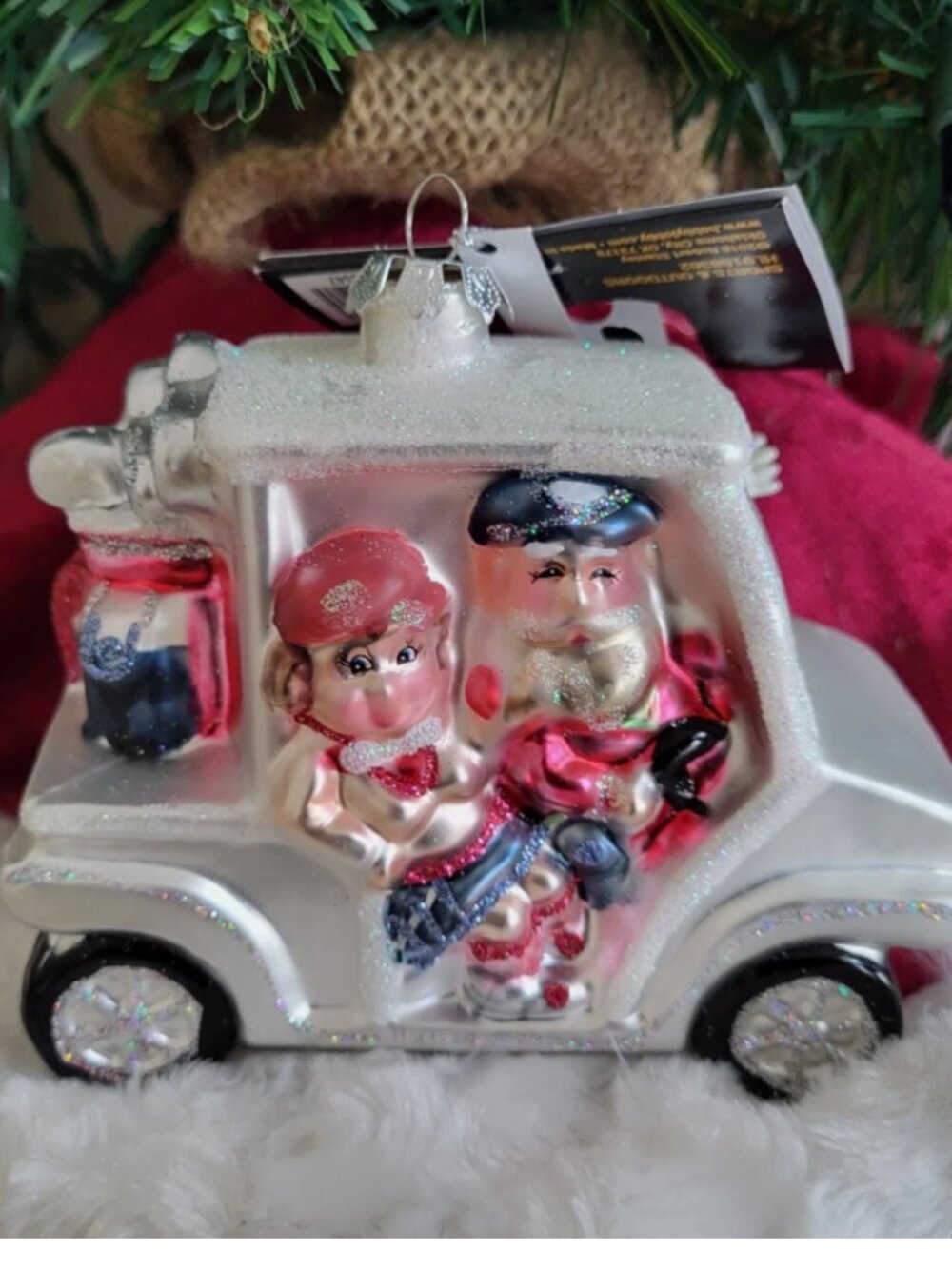 Robert Stanley Golf White Cart Santa Glass Blown Christmas Tree Hanging Ornament